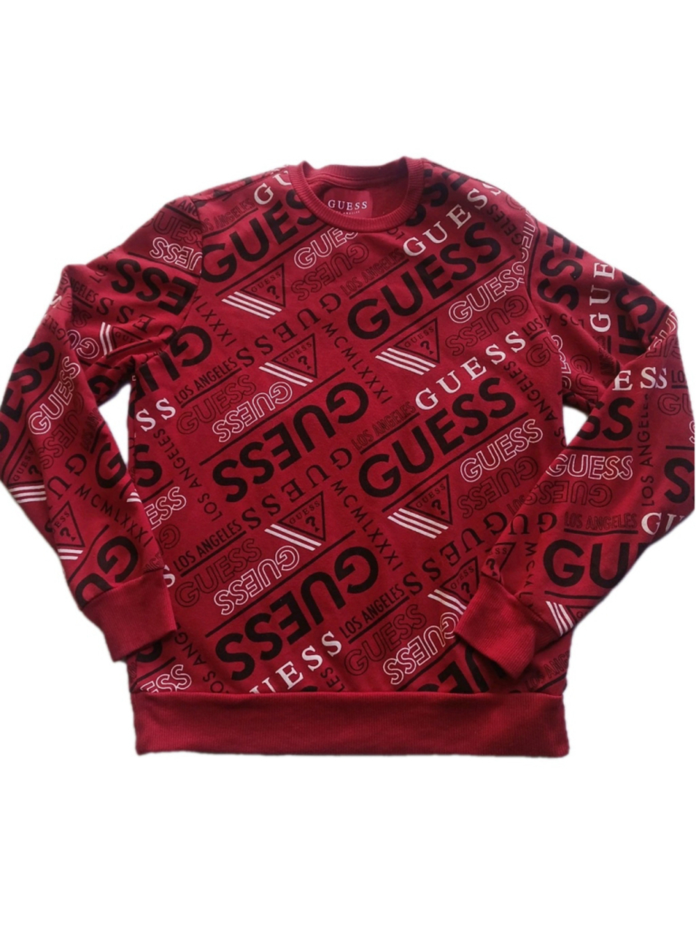 Guess Red All Over Print Logo Sweatshirt Long Sleeve Size Small Vintage